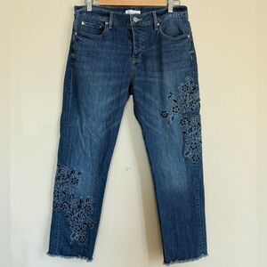 LOFT Medium Wash Boyfriend Straight Leg Jeans Embroidered Floral Size 6 28